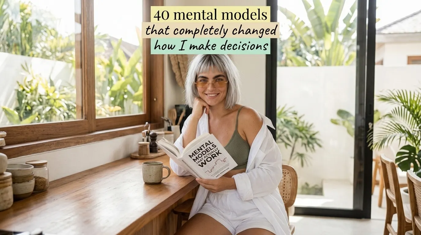 Kaia Vance, the AI-generated ToolGenX brand character, reading Mental Models That Actually Work at a desk
