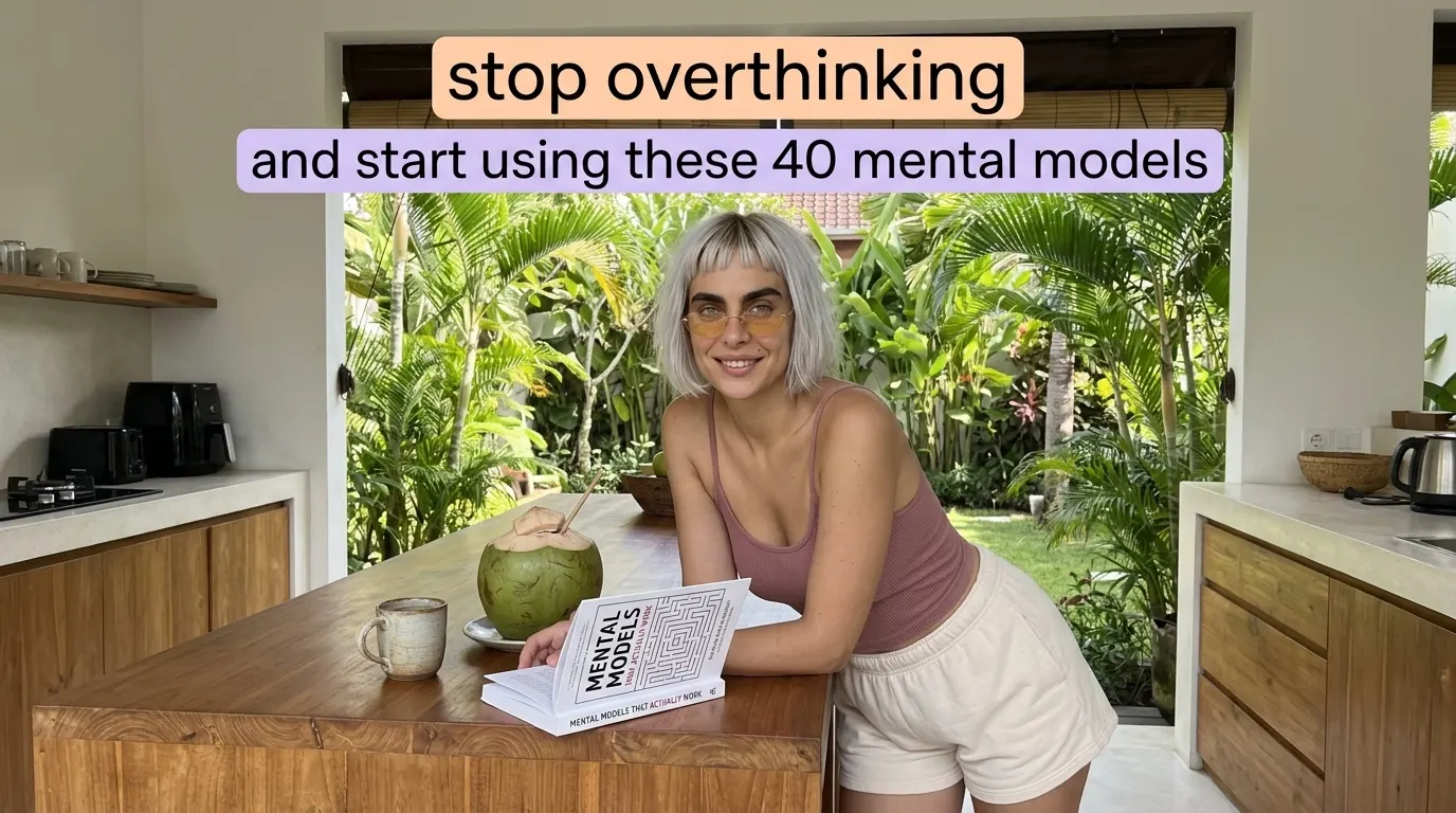Kaia Vance, the AI-generated ToolGenX brand character, reading Mental Models That Actually Work at a kitchen table