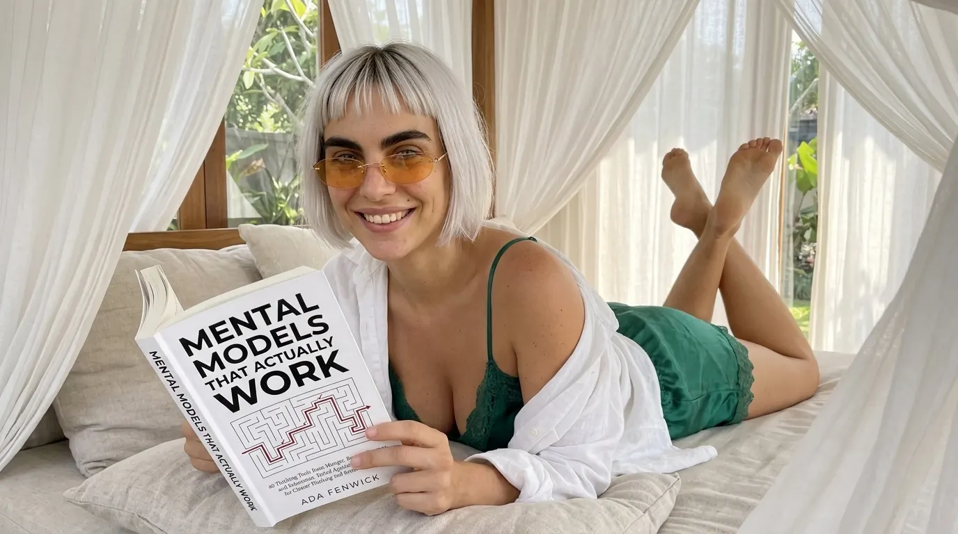 Kaia Vance, the AI-generated ToolGenX brand character, reading Mental Models That Actually Work on a canopy bed