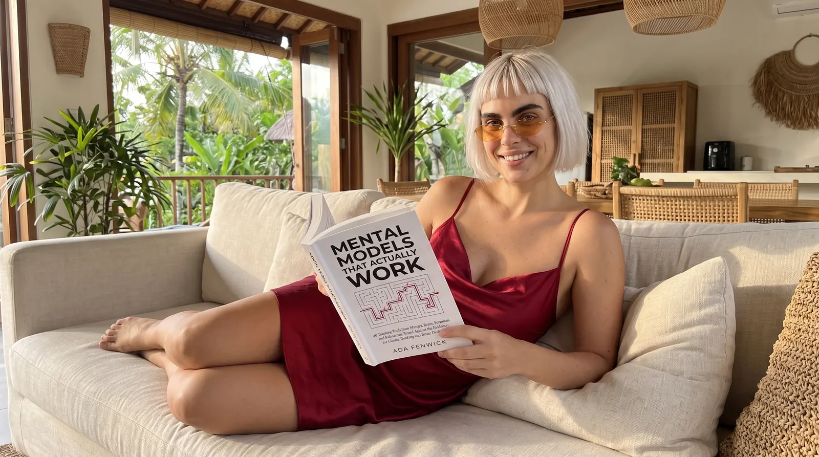 Kaia Vance, the AI-generated ToolGenX brand character, reading Mental Models That Actually Work on a sofa