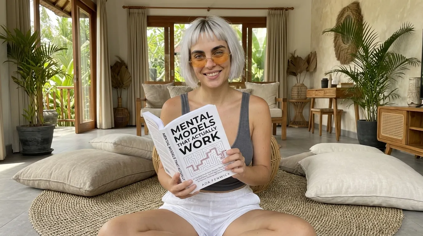 Kaia Vance, the AI-generated ToolGenX brand character, reading Mental Models That Actually Work on floor cushions