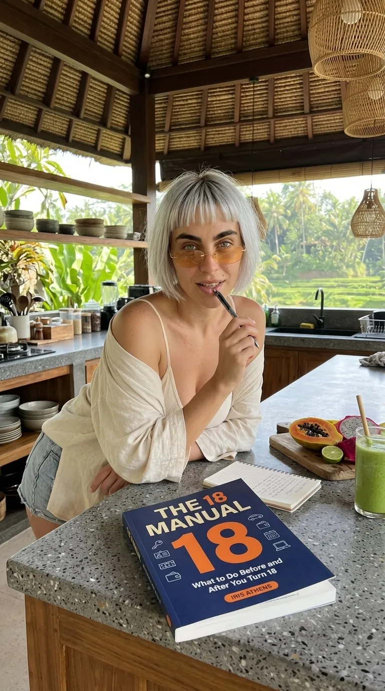 Kaia Vance, the AI-generated ToolGenX brand character, with The 18 Manual at a kitchen counter
