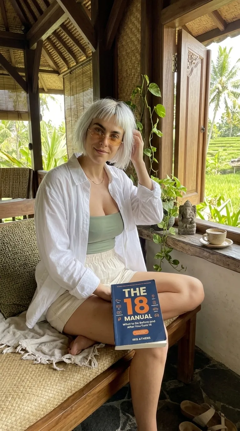 Kaia Vance, the AI-generated ToolGenX brand character, with The 18 Manual on a bench