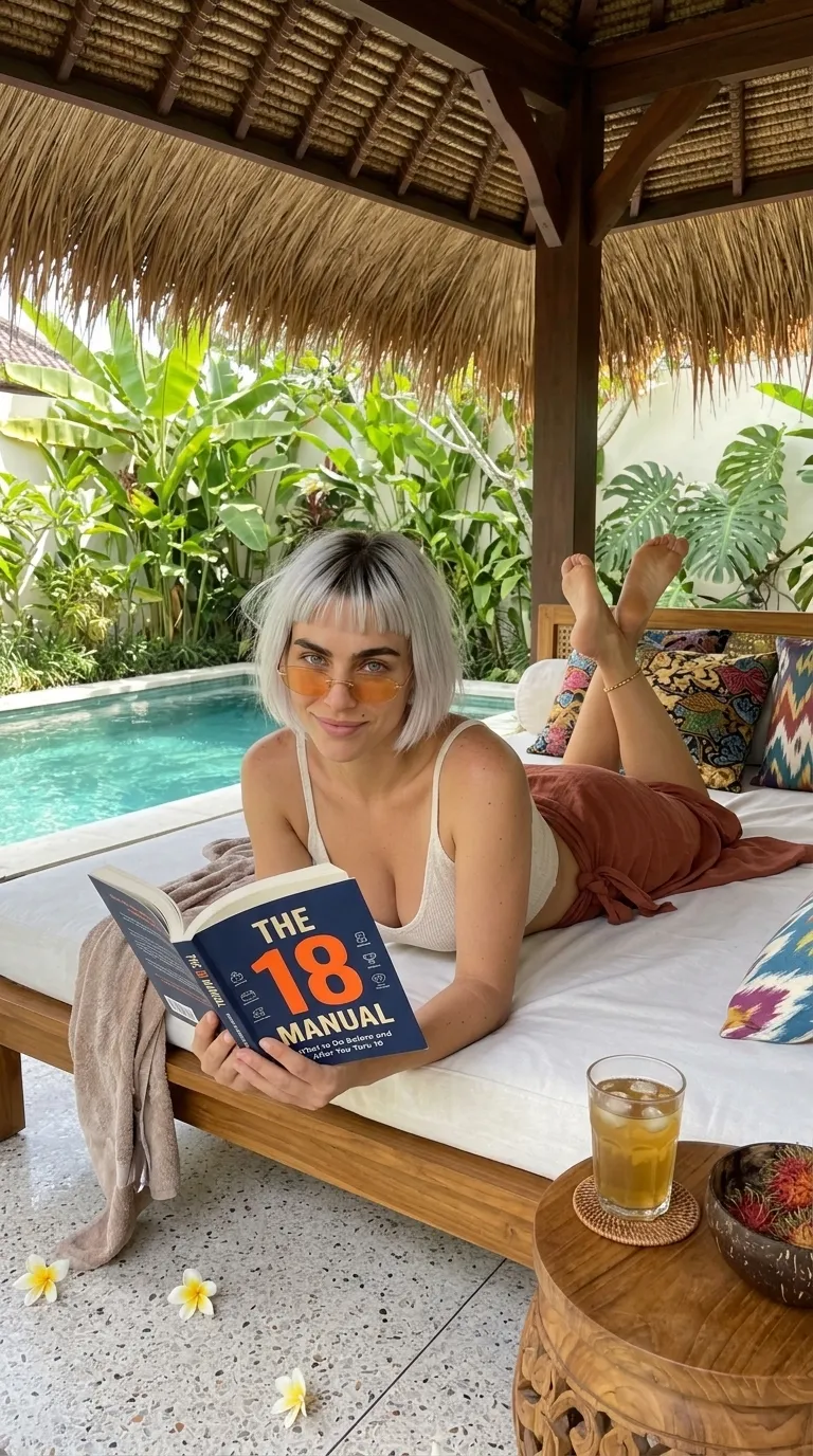 Kaia Vance, the AI-generated ToolGenX brand character, with The 18 Manual on a poolside daybed