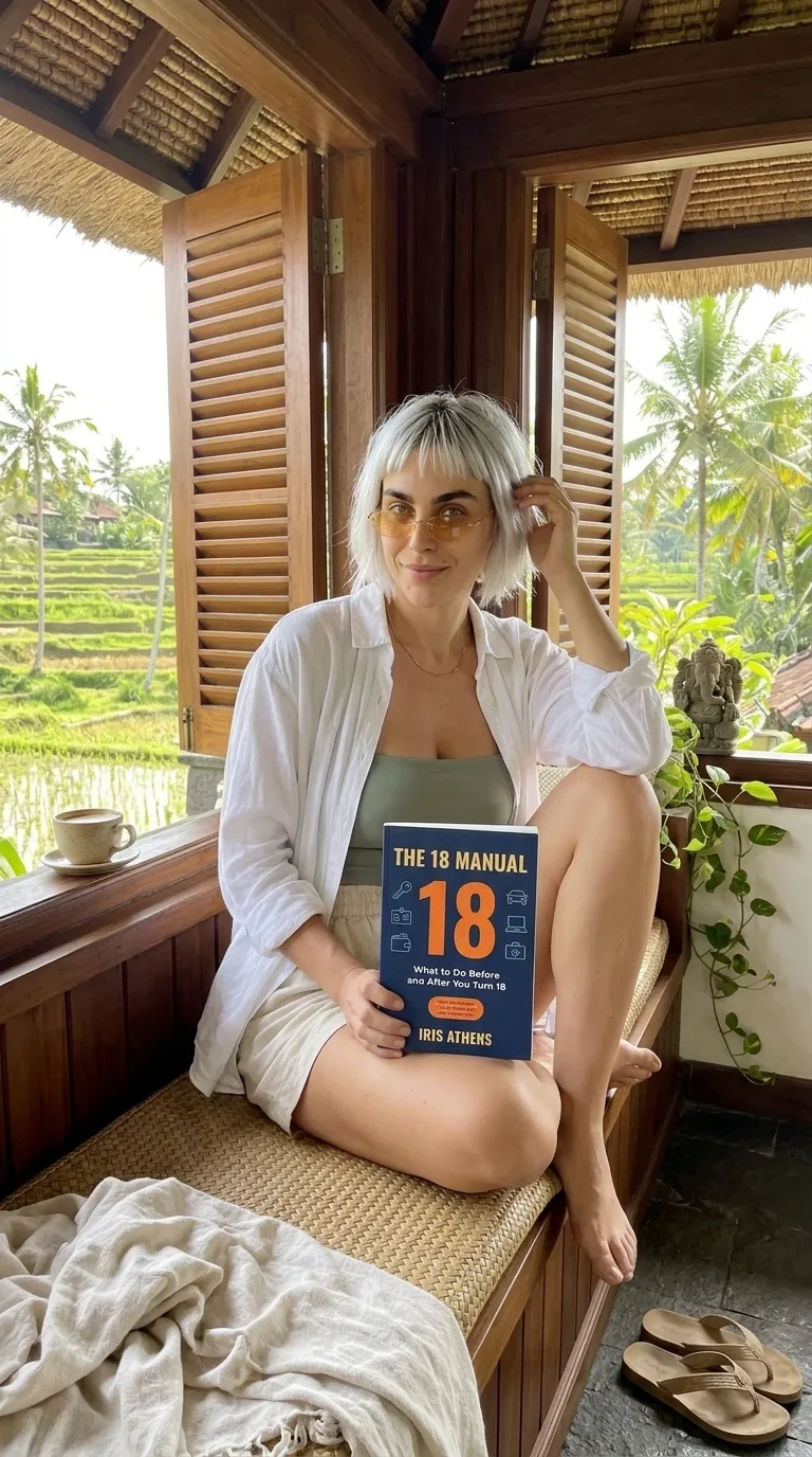 Kaia Vance, the AI-generated ToolGenX brand character, with The 18 Manual on a window seat