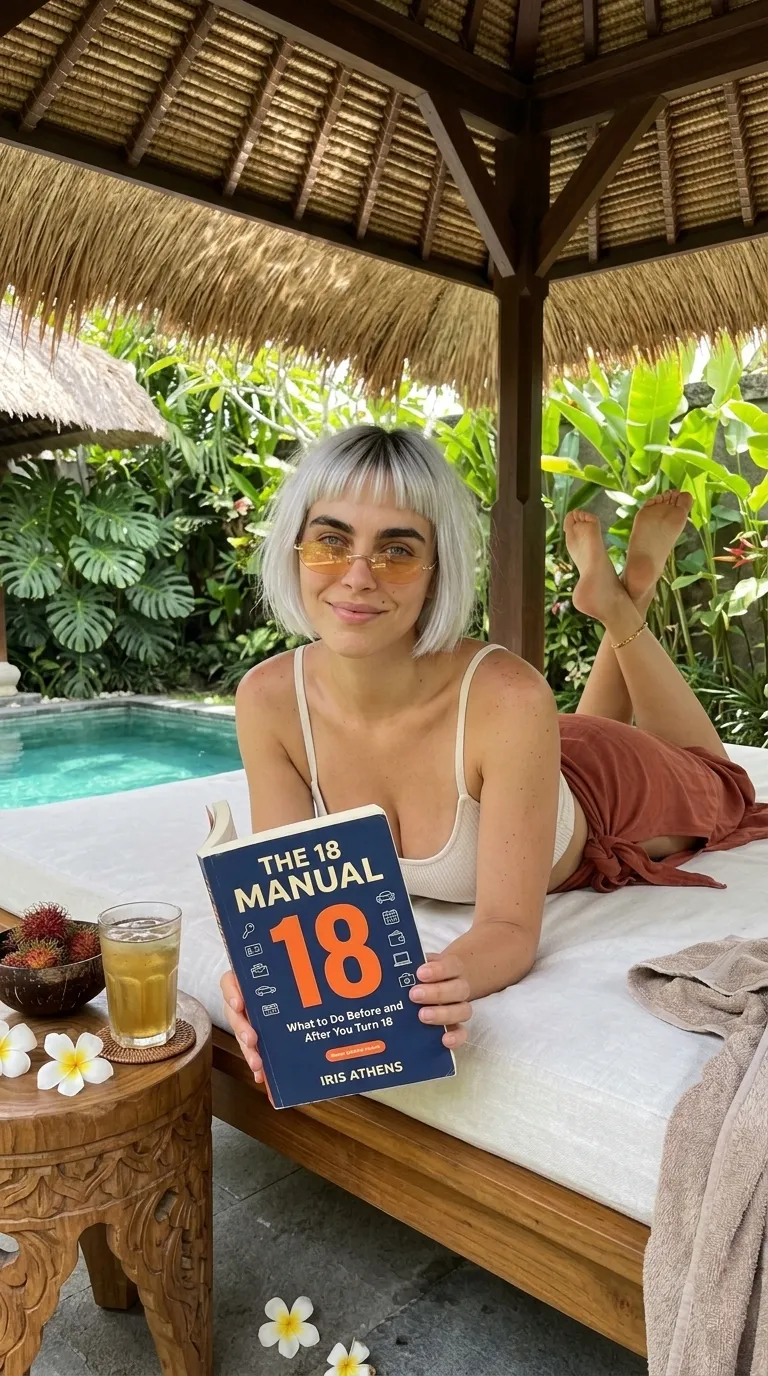 Kaia Vance, the AI-generated ToolGenX brand character, with The 18 Manual on an outdoor daybed