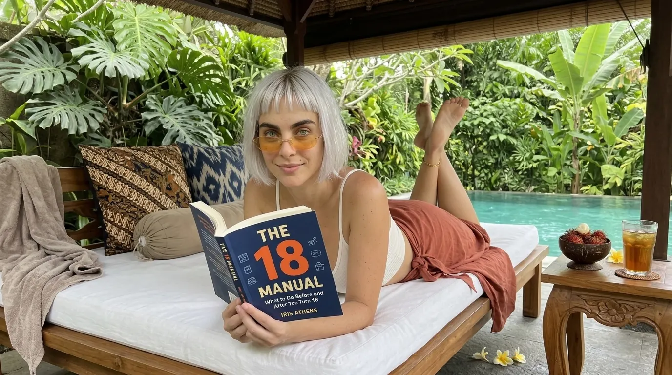 Kaia Vance, the AI-generated ToolGenX brand character, with The 18 Manual by a pool