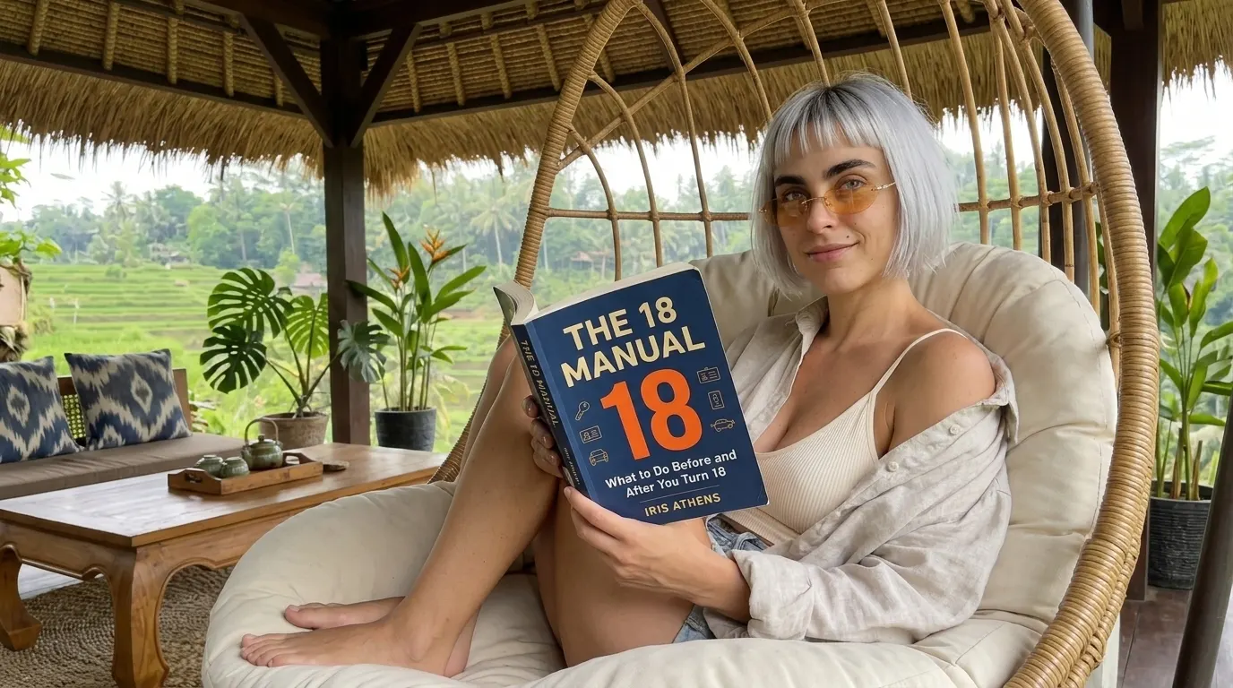 Kaia Vance, the AI-generated ToolGenX brand character, with The 18 Manual in a hanging chair