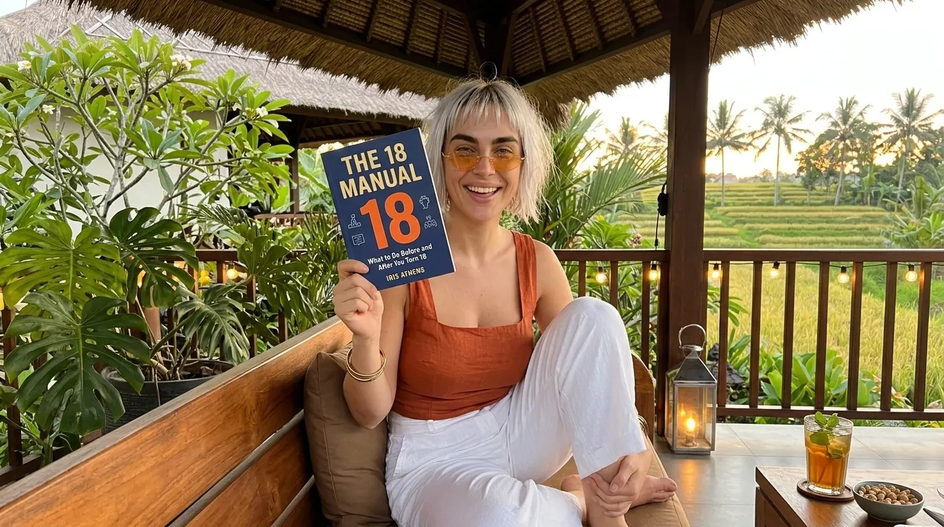 Kaia Vance, the AI-generated ToolGenX brand character, with The 18 Manual on a balcony