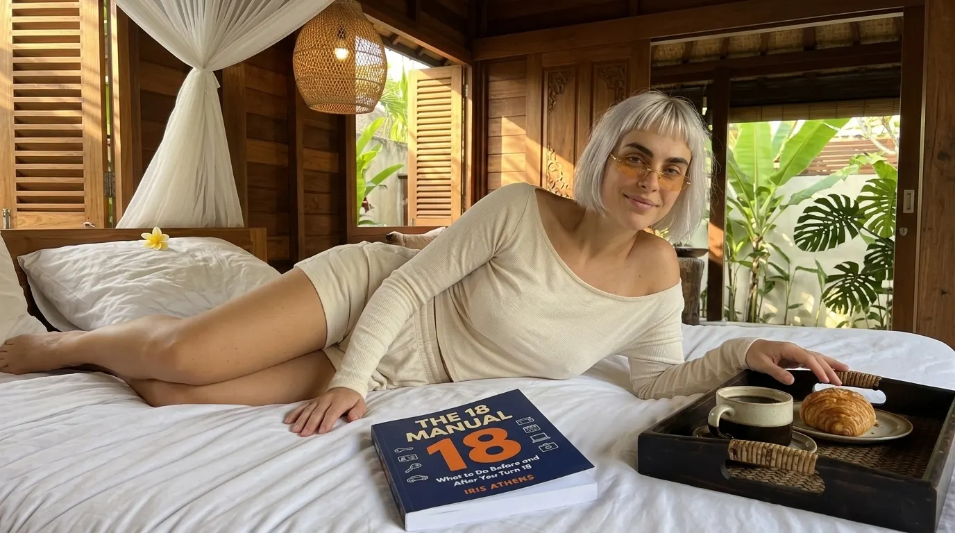 Kaia Vance, the AI-generated ToolGenX brand character, with The 18 Manual on a bed
