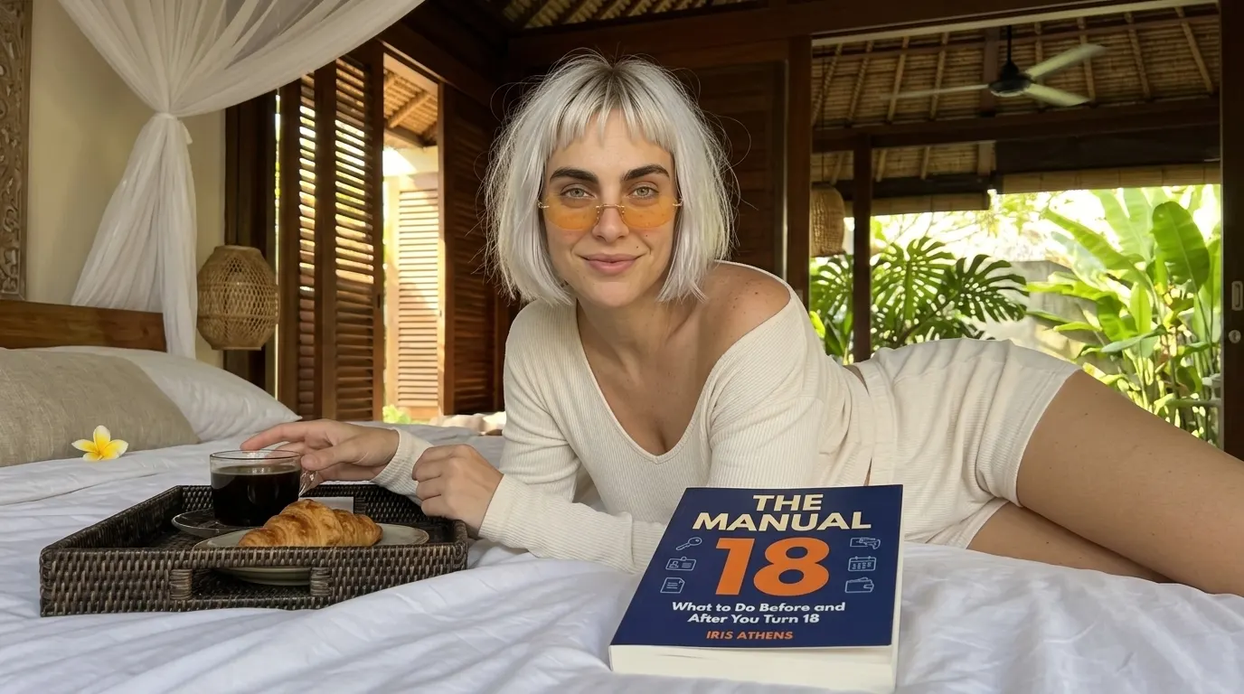 Kaia Vance, the AI-generated ToolGenX brand character, with The 18 Manual on a canopy bed