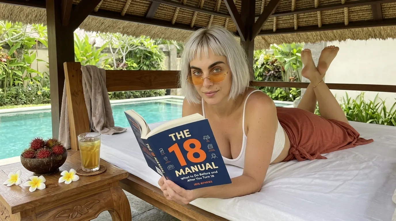 Kaia Vance, the AI-generated ToolGenX brand character, with The 18 Manual on a poolside daybed