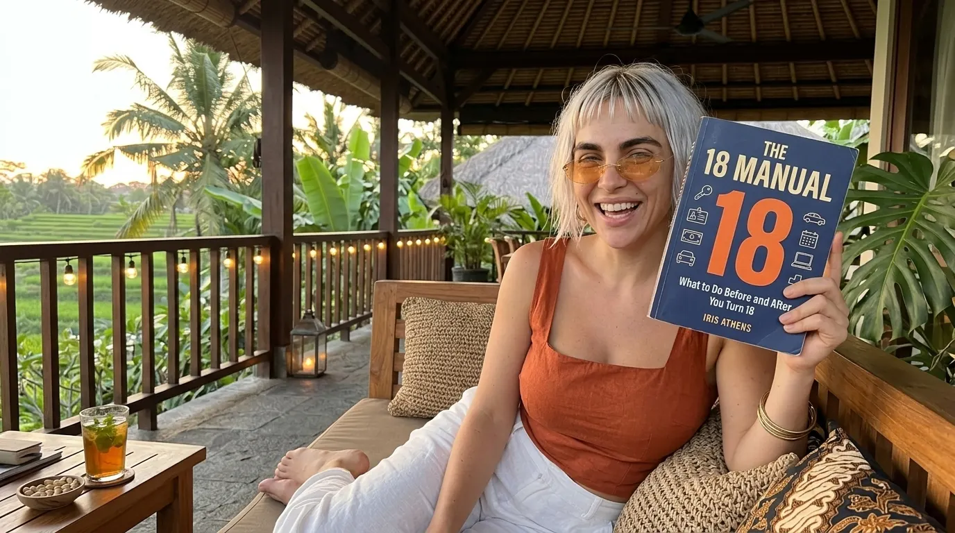 Kaia Vance, the AI-generated ToolGenX brand character, with The 18 Manual on a terrace