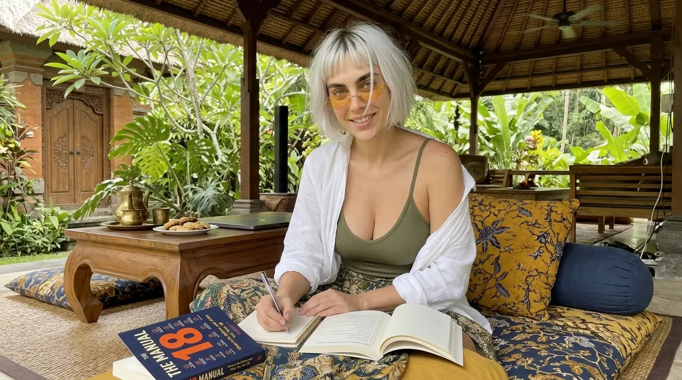 Kaia Vance, the AI-generated ToolGenX brand character, with The 18 Manual on floor cushions