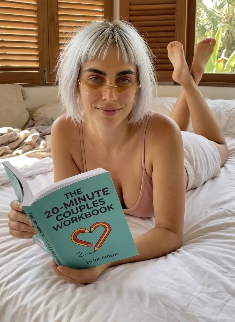 Kaia Vance, the AI-generated ToolGenX brand character, reading The 20-Minute Couples Workbook on a bed