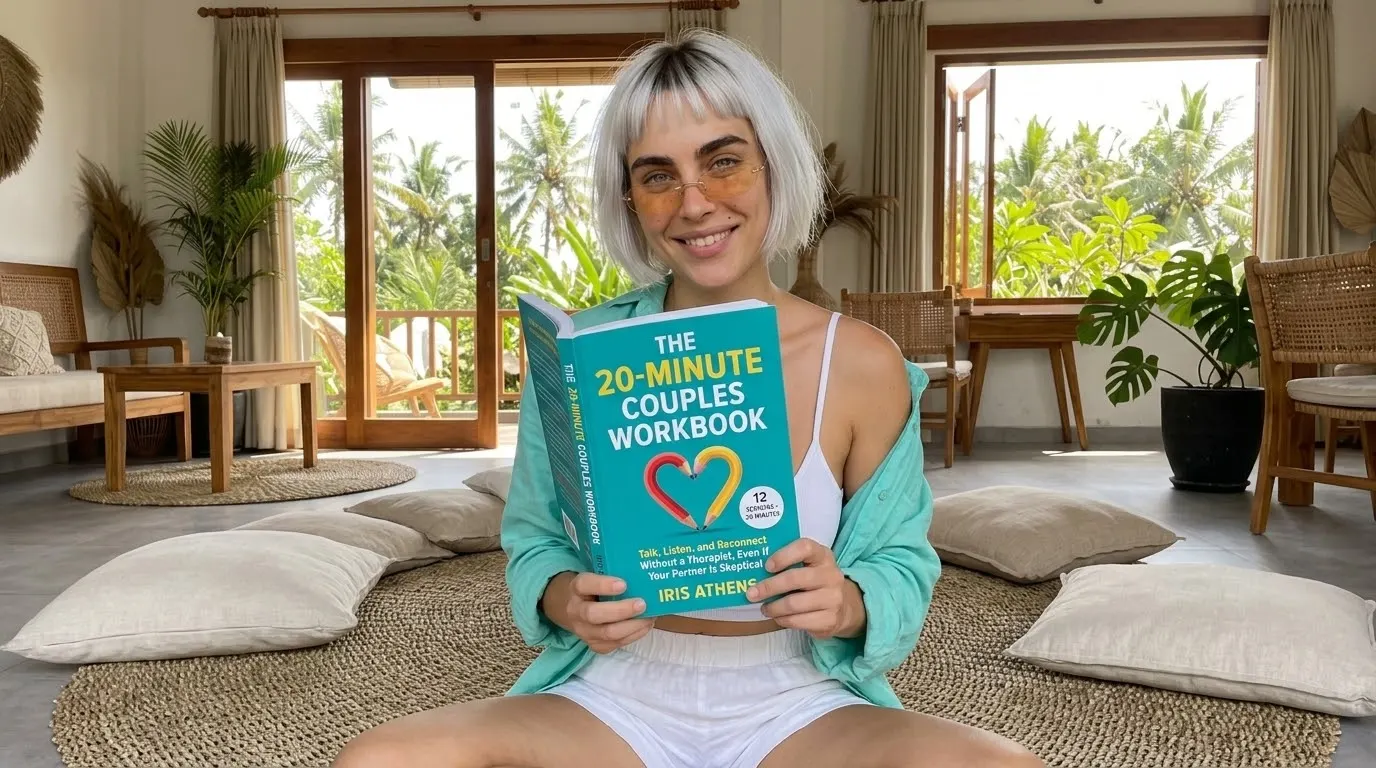 Kaia Vance, the AI-generated ToolGenX brand character, reading The 20-Minute Couples Workbook in a bright living room