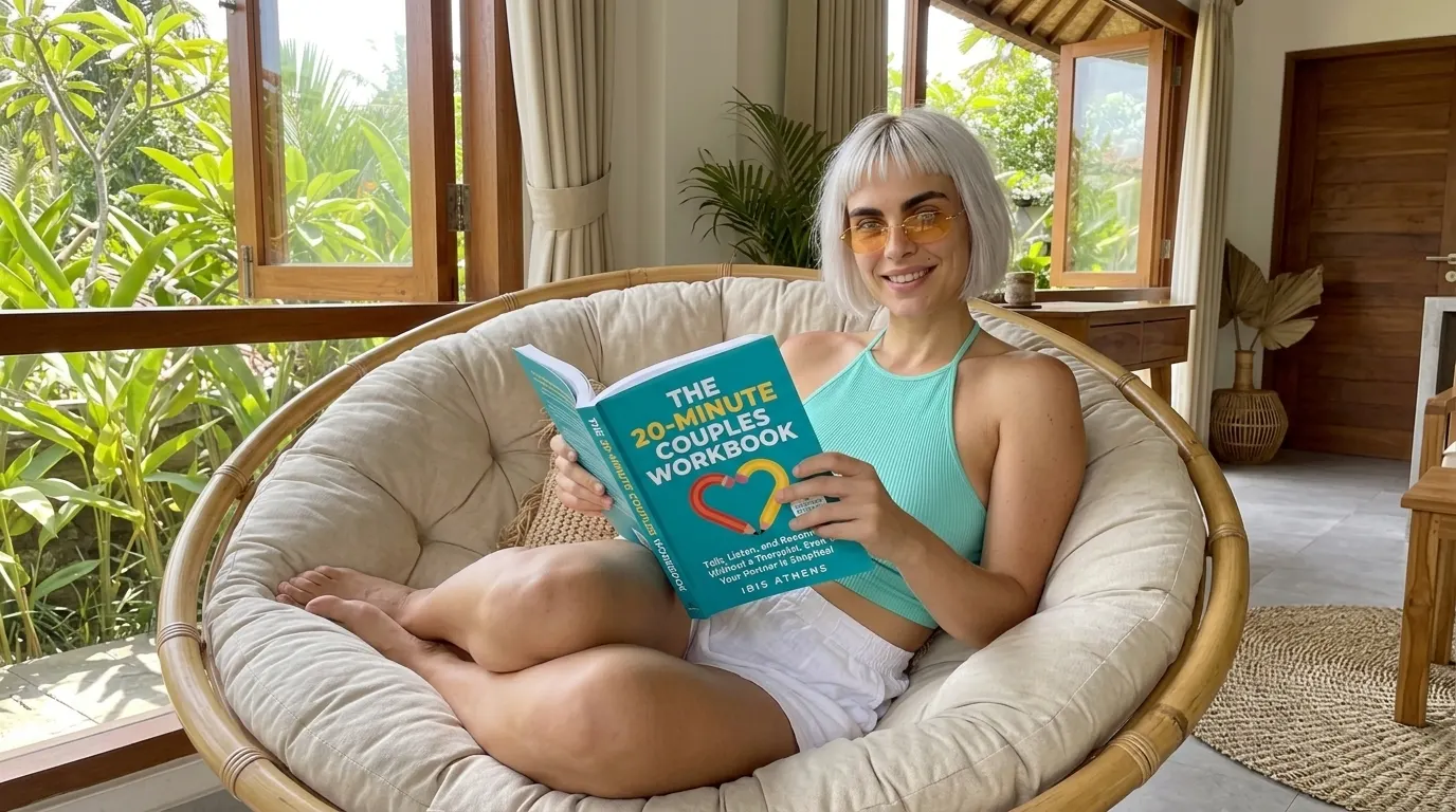 Kaia Vance, the AI-generated ToolGenX brand character, reading The 20-Minute Couples Workbook in a papasan chair