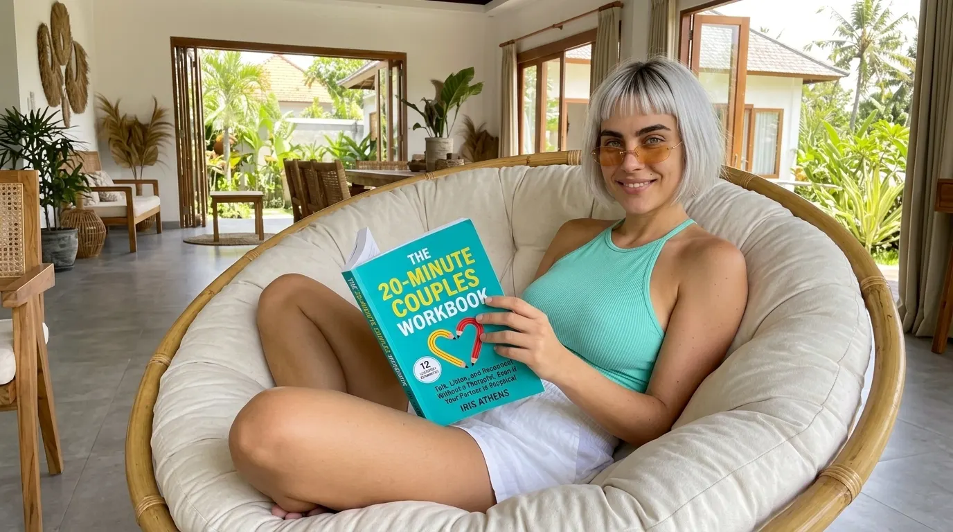 Kaia Vance, the AI-generated ToolGenX brand character, reading The 20-Minute Couples Workbook in a round chair