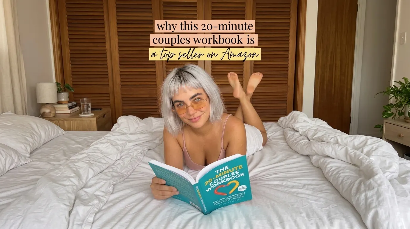 Kaia Vance, the AI-generated ToolGenX brand character, reading The 20-Minute Couples Workbook on a bed