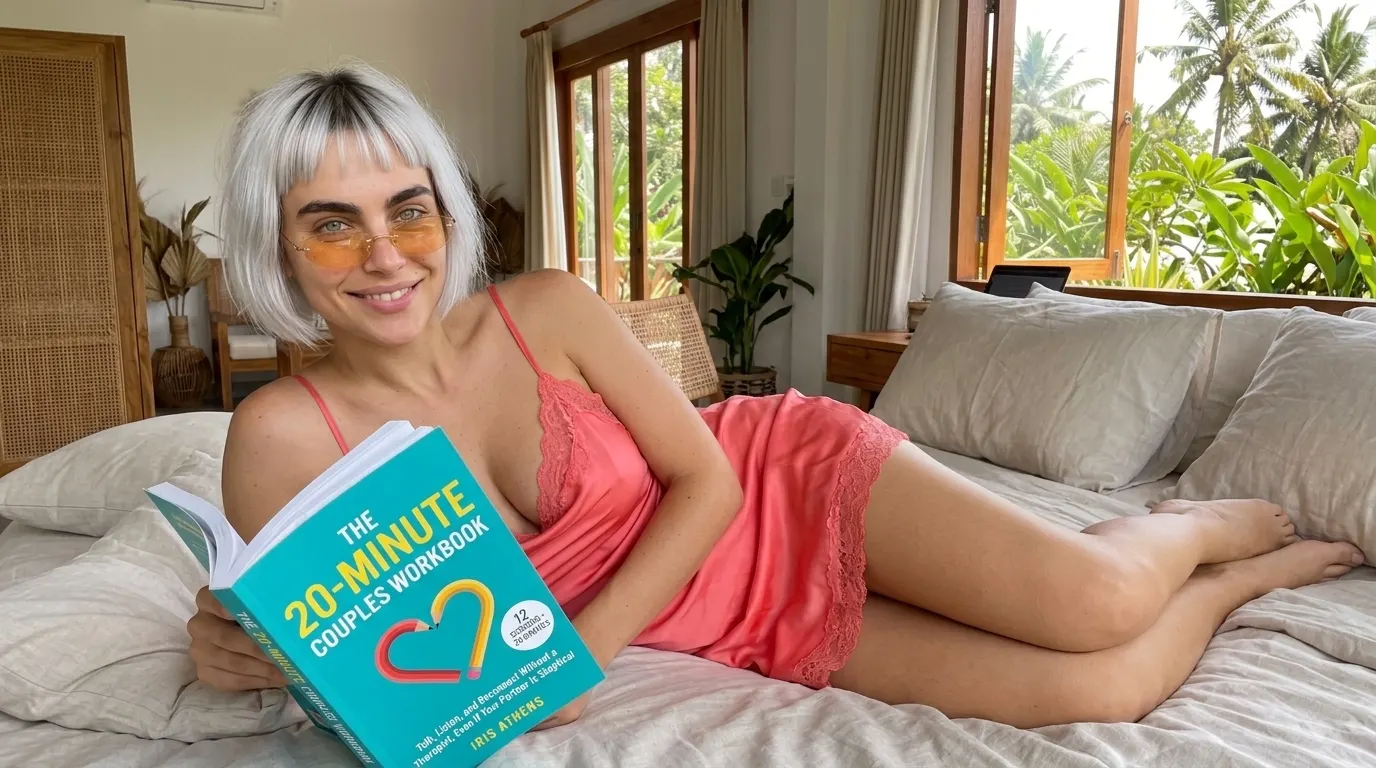 Kaia Vance, the AI-generated ToolGenX brand character, lying down with The 20-Minute Couples Workbook on a bed