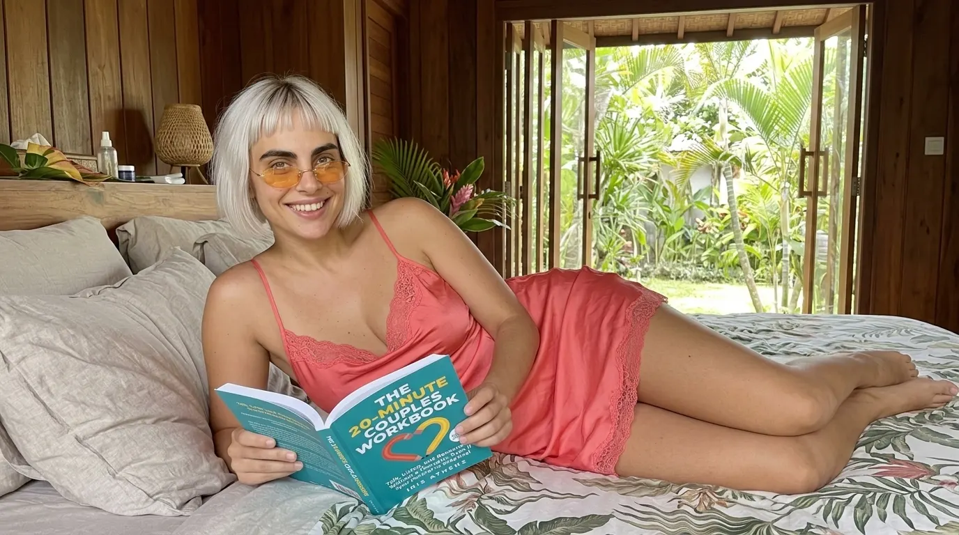 Kaia Vance, the AI-generated ToolGenX brand character, reading The 20-Minute Couples Workbook on a quilted bed