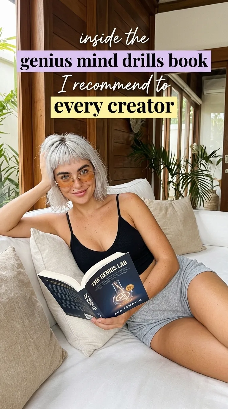 Kaia Vance, the AI-generated ToolGenX brand character, reading The Genius Lab at home