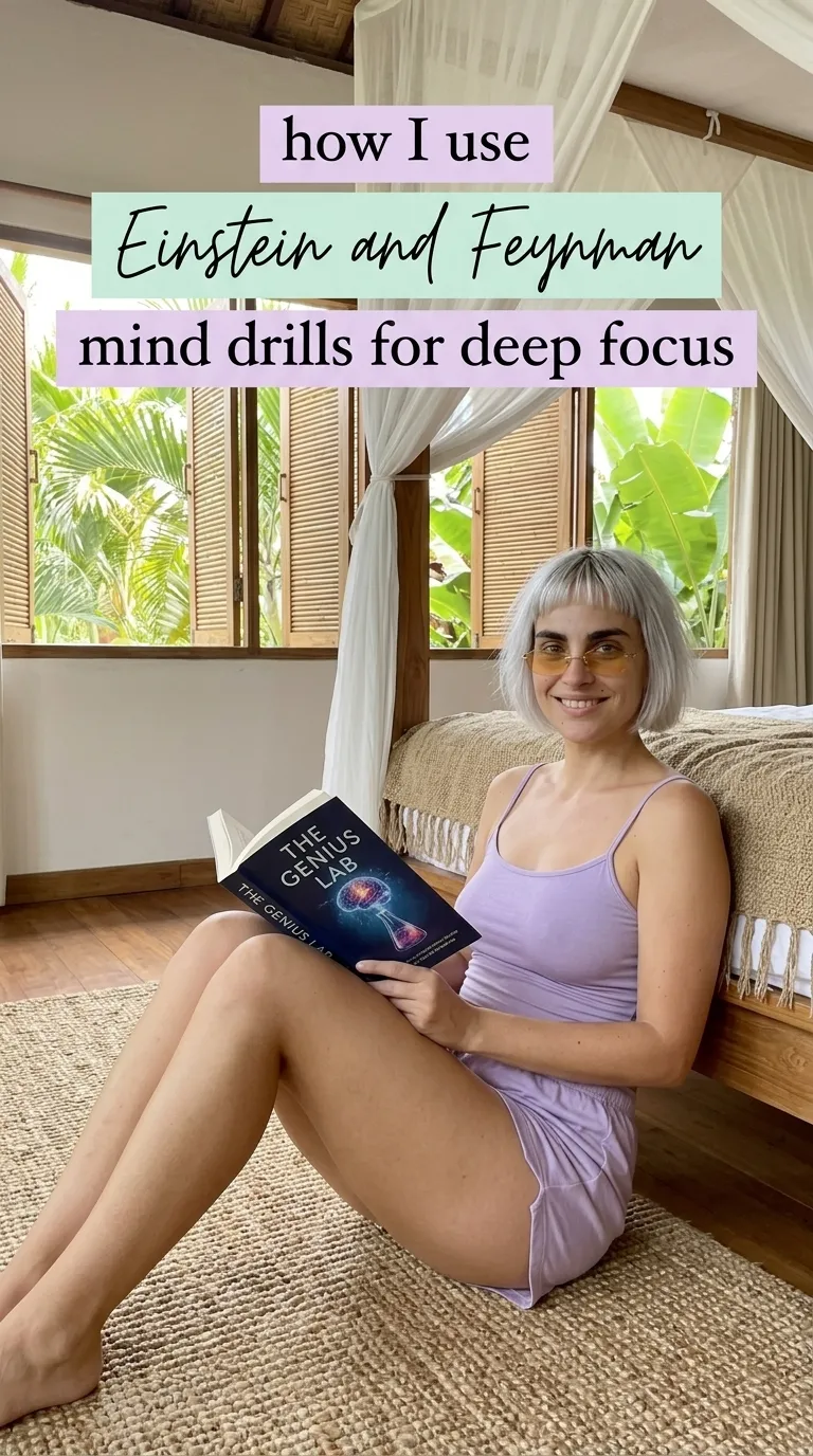 Kaia Vance, the AI-generated ToolGenX brand character, reading The Genius Lab in a bedroom