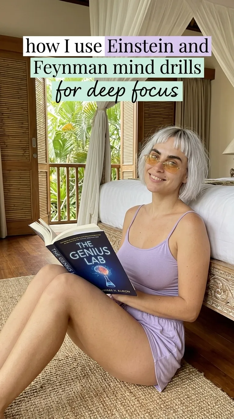Kaia Vance, the AI-generated ToolGenX brand character, reading The Genius Lab in a bedroom