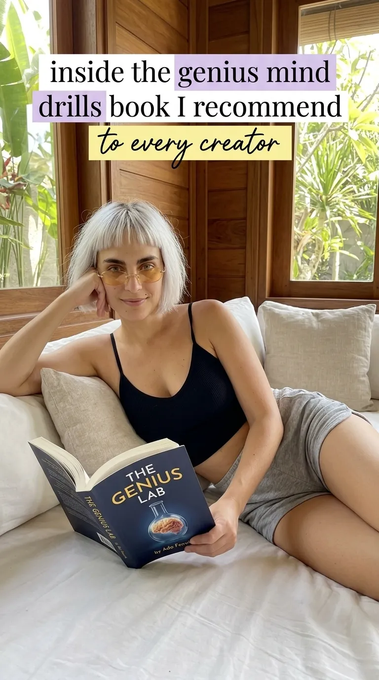 Kaia Vance, the AI-generated ToolGenX brand character, reading The Genius Lab on a daybed