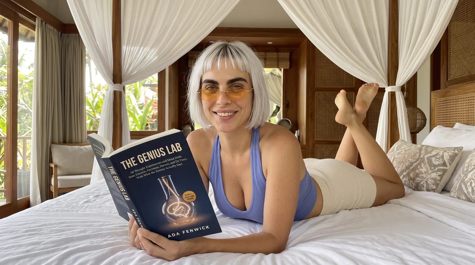 Kaia Vance, the AI-generated ToolGenX brand character, reading The Genius Lab on a canopy bed
