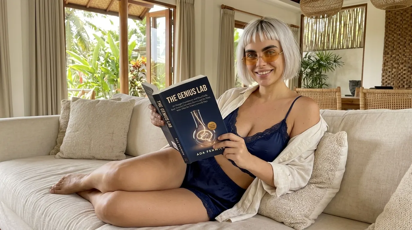 Kaia Vance, the AI-generated ToolGenX brand character, reading The Genius Lab on a cream sofa
