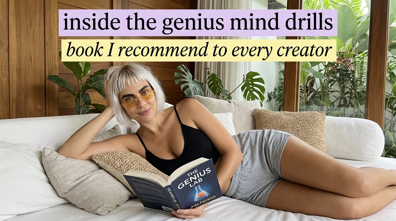 Kaia Vance, the AI-generated ToolGenX brand character, reading The Genius Lab on a daybed
