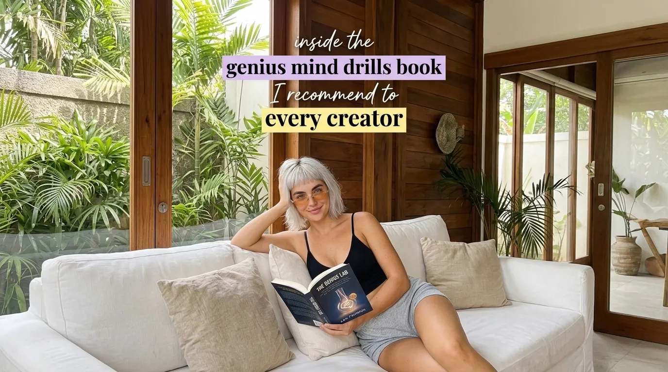 Kaia Vance, the AI-generated ToolGenX brand character, reading The Genius Lab on a sofa