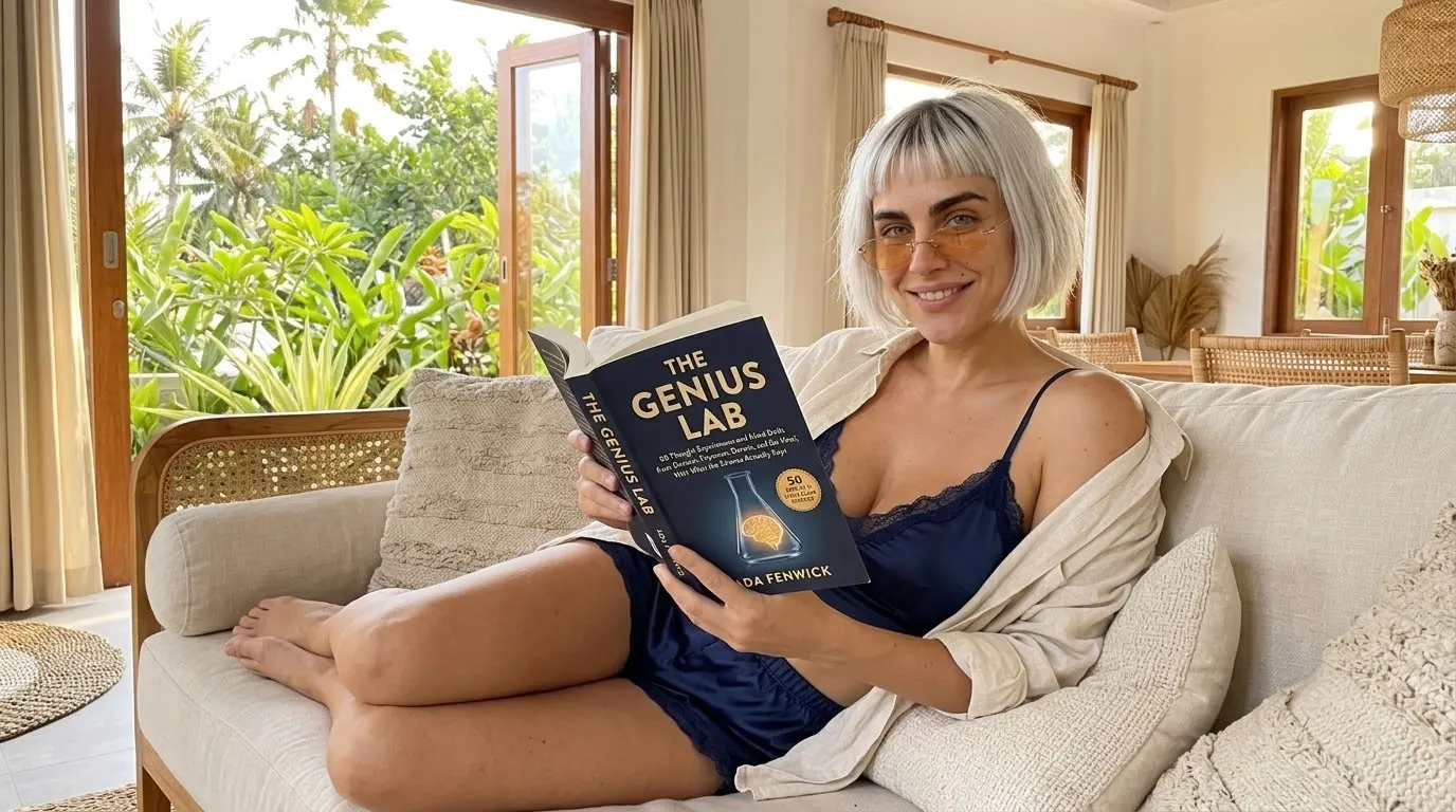 Kaia Vance, the AI-generated ToolGenX brand character, reading The Genius Lab on a white sofa