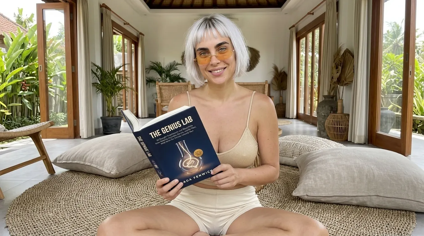 Kaia Vance, the AI-generated ToolGenX brand character, reading The Genius Lab on floor cushions