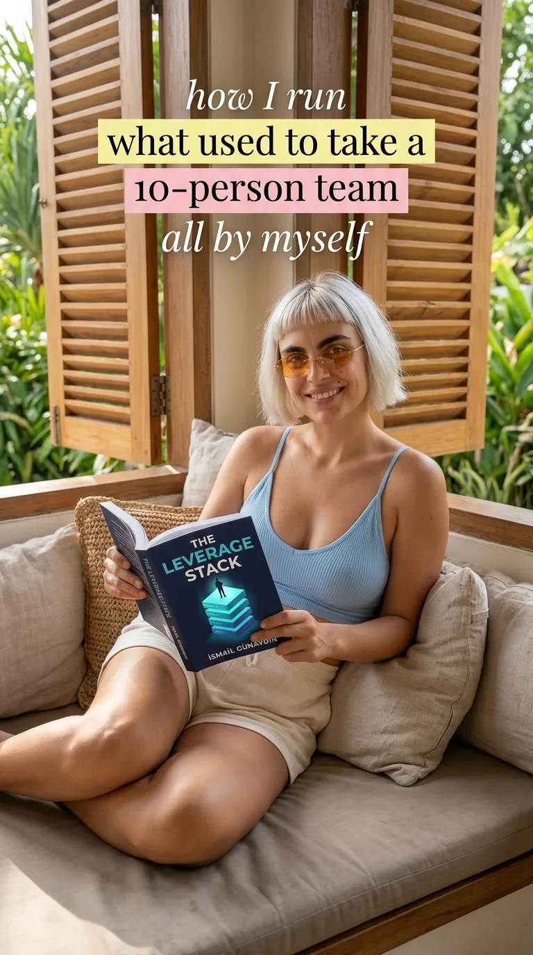 Kaia Vance, the AI-generated ToolGenX brand character, holding The Leverage Stack in a villa