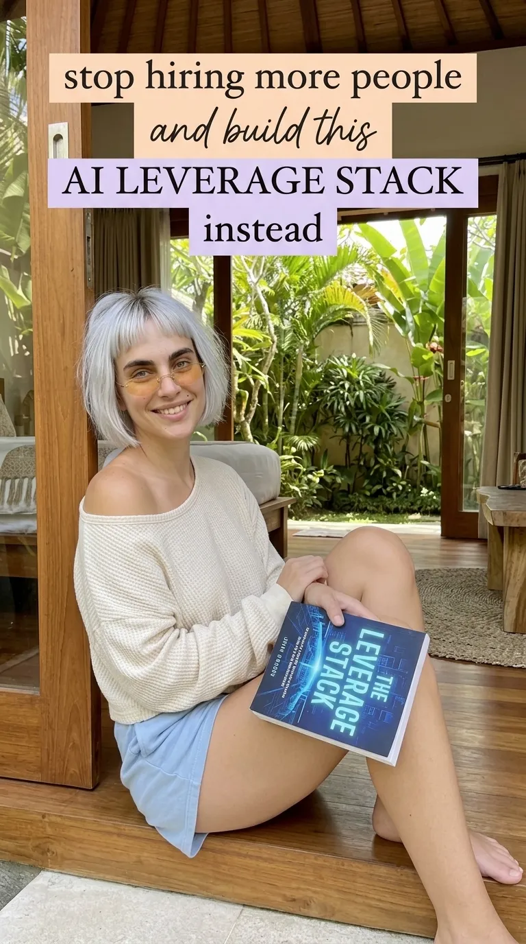 Kaia Vance, the AI-generated ToolGenX brand character, reading The Leverage Stack in a doorway