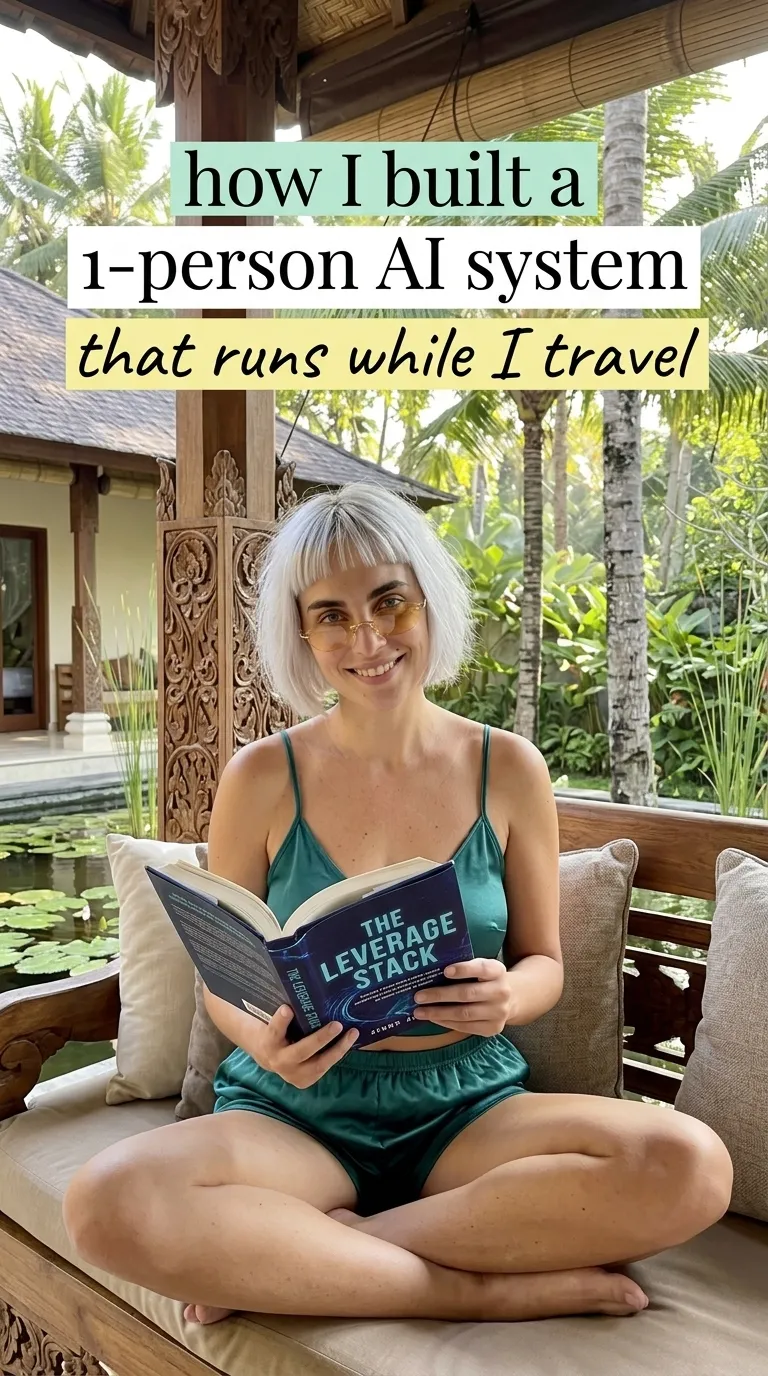 Kaia Vance, the AI-generated ToolGenX brand character, reading The Leverage Stack in a villa