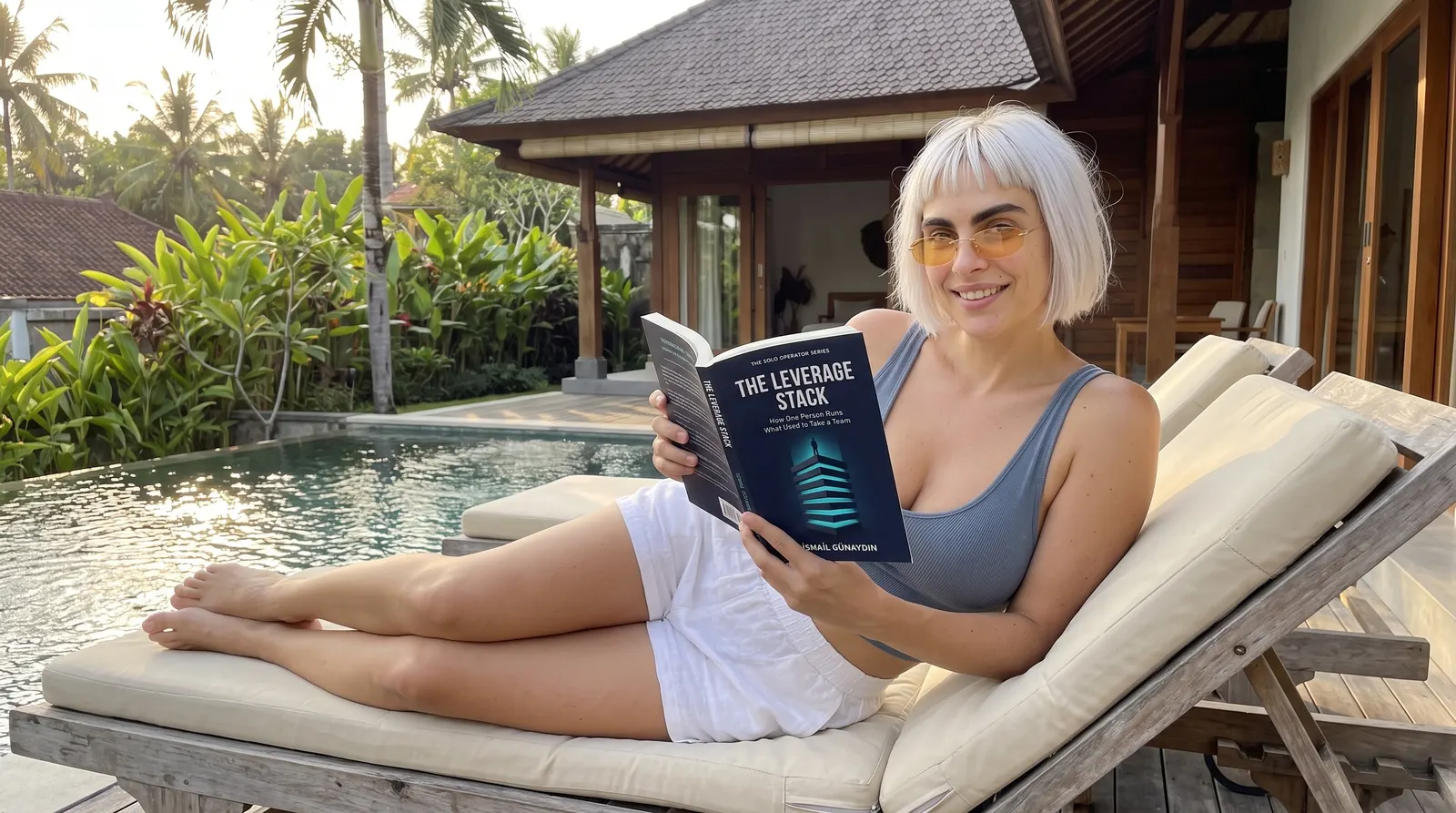 Kaia Vance, the AI-generated ToolGenX brand character, reading The Leverage Stack by a pool