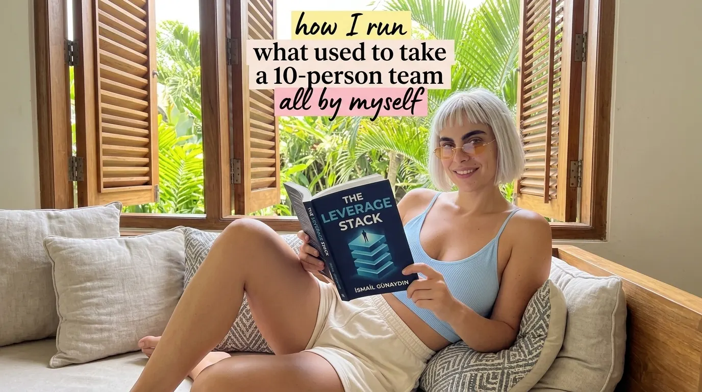 Kaia Vance, the AI-generated ToolGenX brand character, reading The Leverage Stack by a window