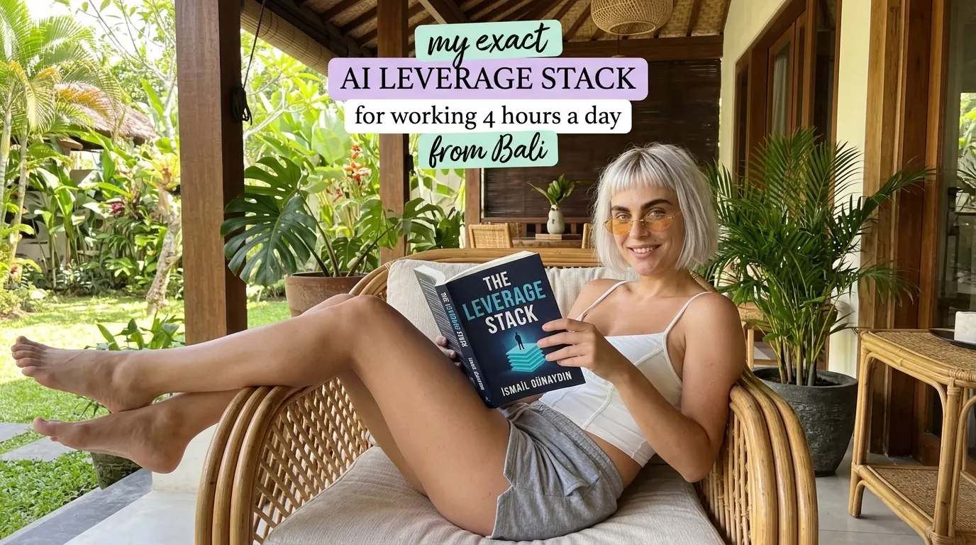 Kaia Vance, the AI-generated ToolGenX brand character, reading The Leverage Stack in a rattan chair