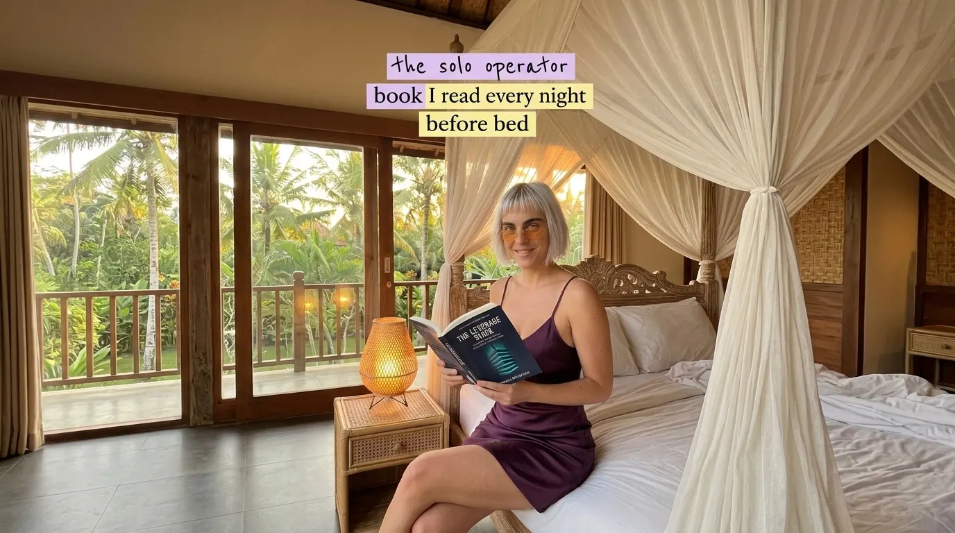 Kaia Vance, the AI-generated ToolGenX brand character, reading The Leverage Stack on a bed