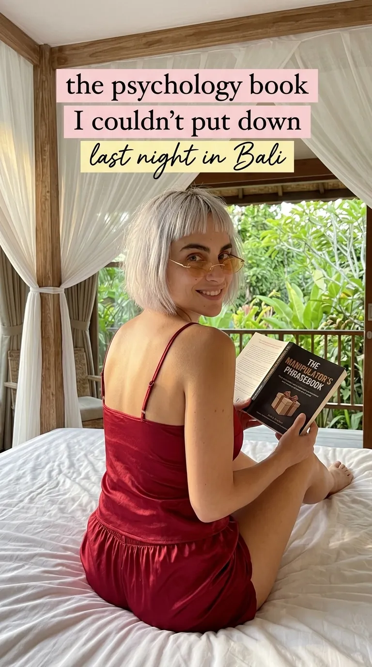 Kaia Vance, the AI-generated ToolGenX brand character, holding The Manipulator's Phrasebook in bed