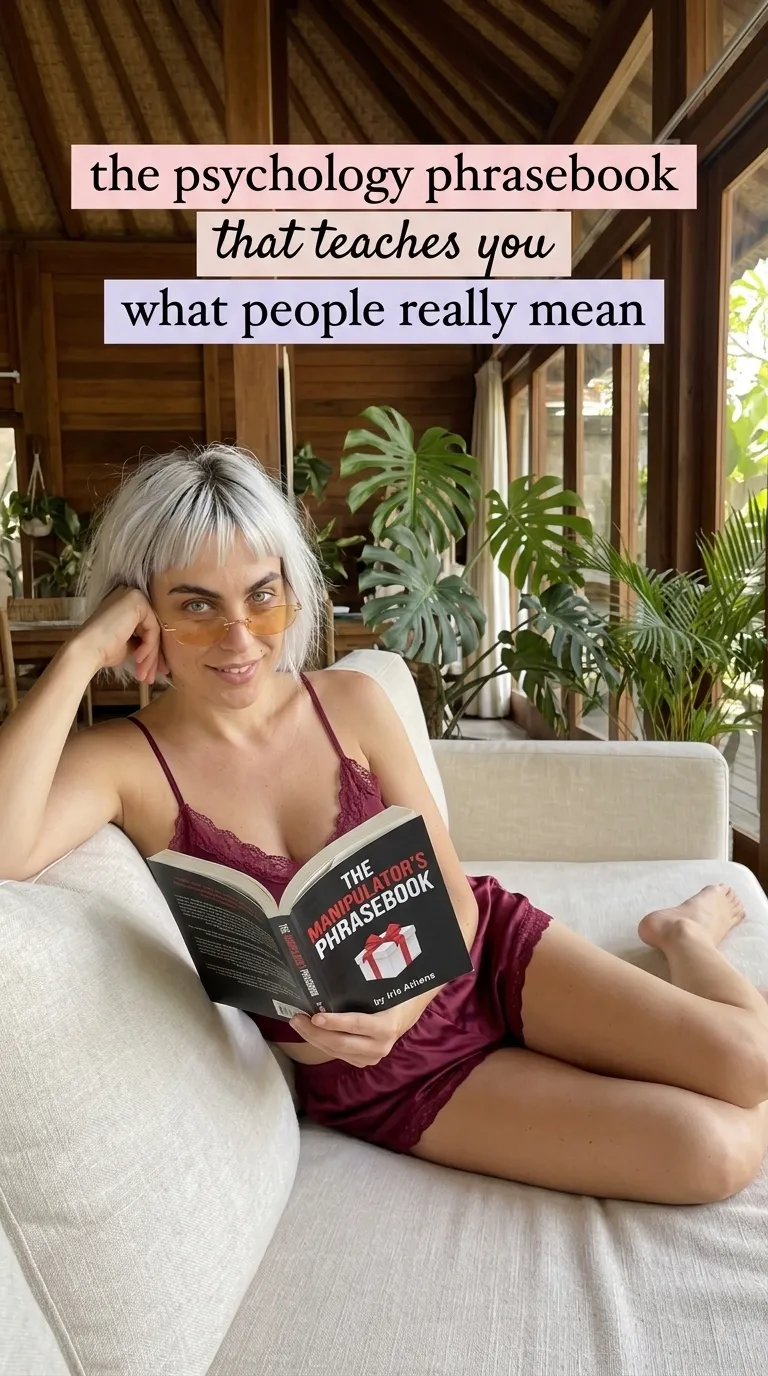 Kaia Vance, the AI-generated ToolGenX brand character, reading The Manipulator's Phrasebook on a couch
