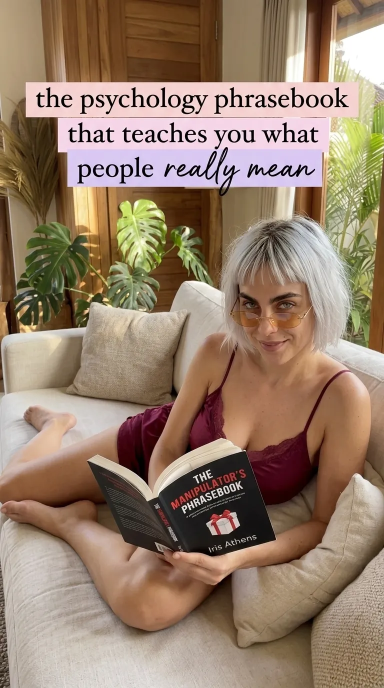 Kaia Vance, the AI-generated ToolGenX brand character, reading The Manipulator's Phrasebook on a sofa