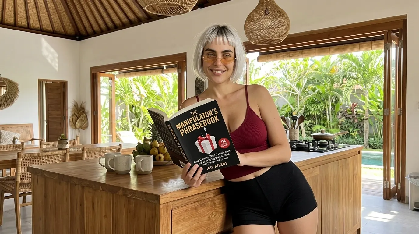 Kaia Vance, the AI-generated ToolGenX brand character, reading The Manipulator's Phrasebook at a kitchen counter