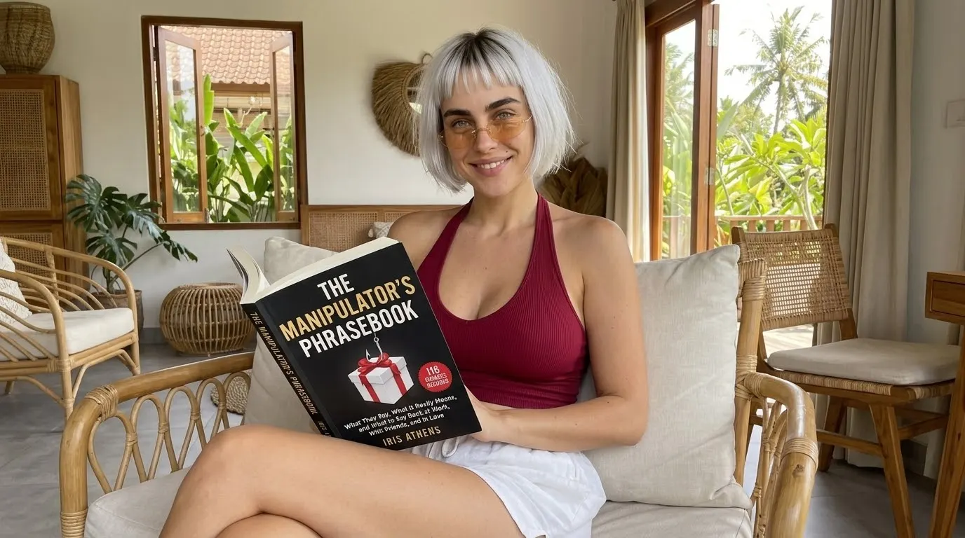 Kaia Vance, the AI-generated ToolGenX brand character, reading The Manipulator's Phrasebook in a wicker chair