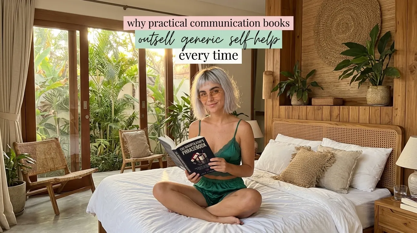 Kaia Vance, the AI-generated ToolGenX brand character, reading The Manipulator's Phrasebook on a bed