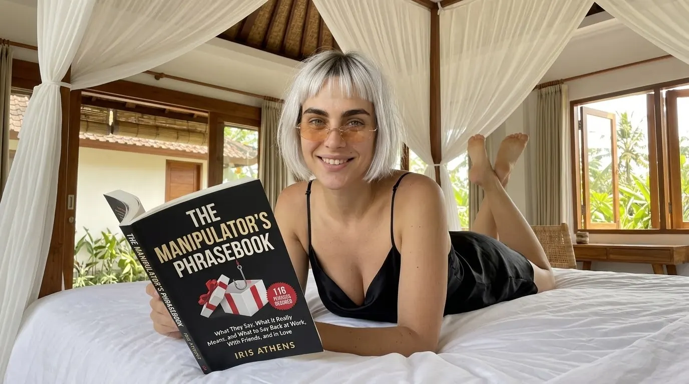 Kaia Vance, the AI-generated ToolGenX brand character, lying down with The Manipulator's Phrasebook on a bed