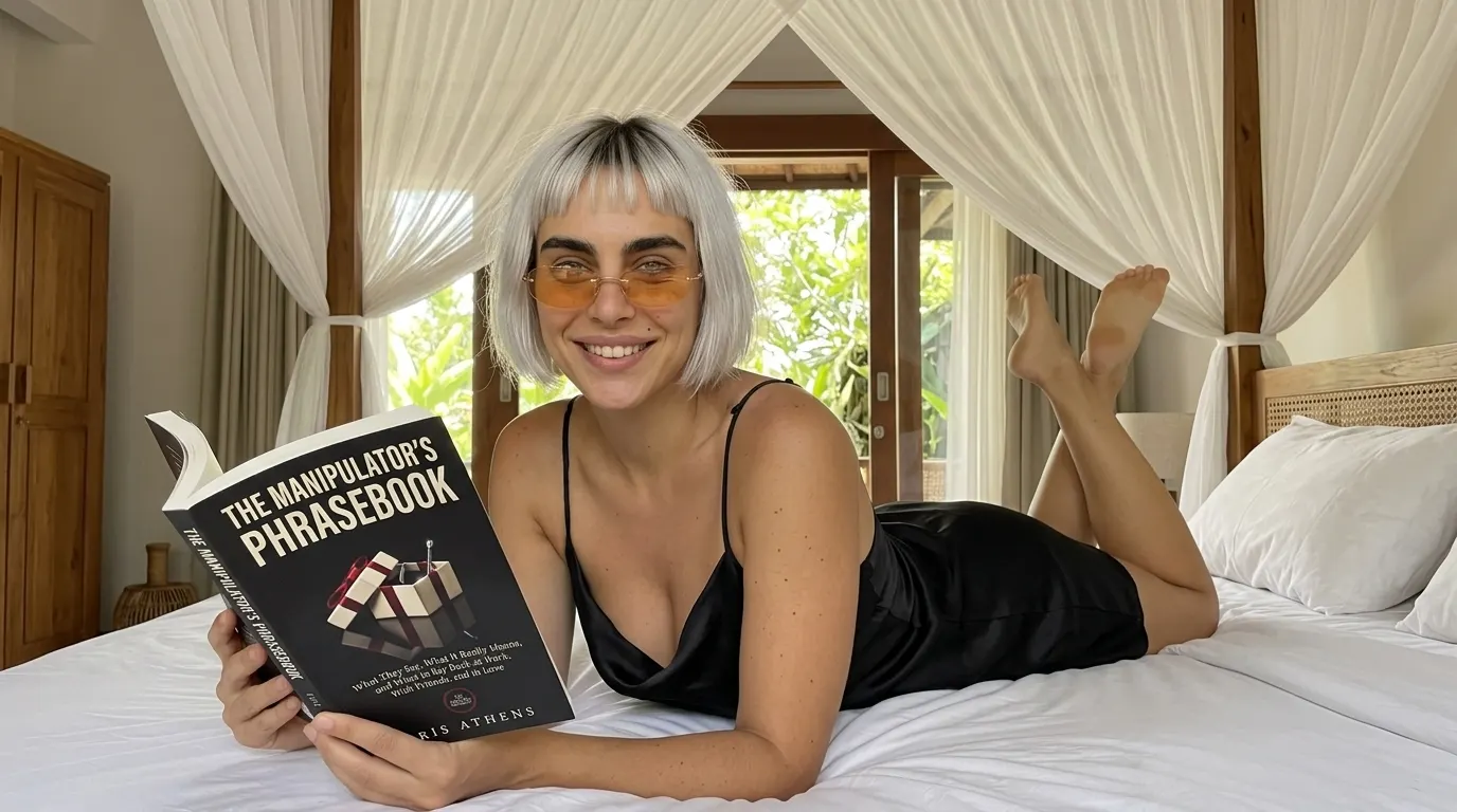 Kaia Vance, the AI-generated ToolGenX brand character, reading The Manipulator's Phrasebook on a canopy bed